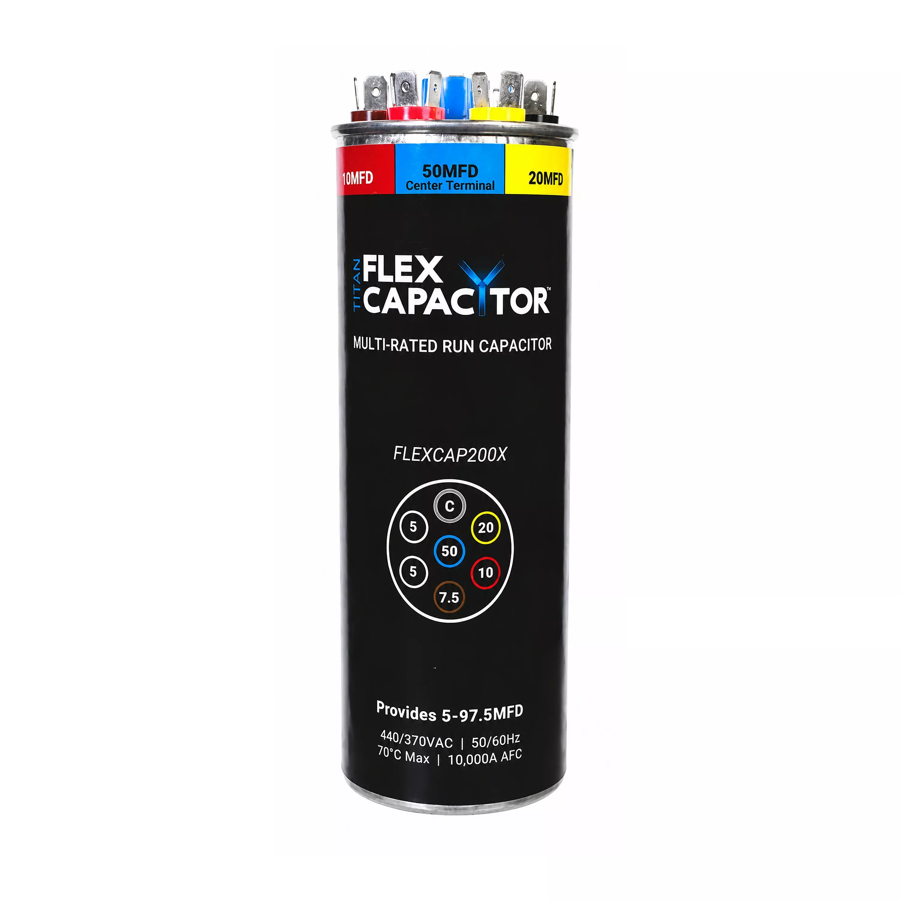 FLEXCAP200X, 5–97.5 MFD, 370/440 V, Multi‑Rating Run Capacitor