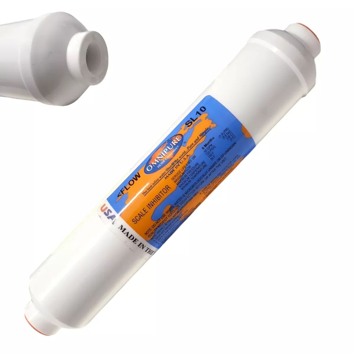 Omnipure SL10 Inline Icemaker water filter - 10" x 2"Filter 3/8"FPT w/ Polyphosphate