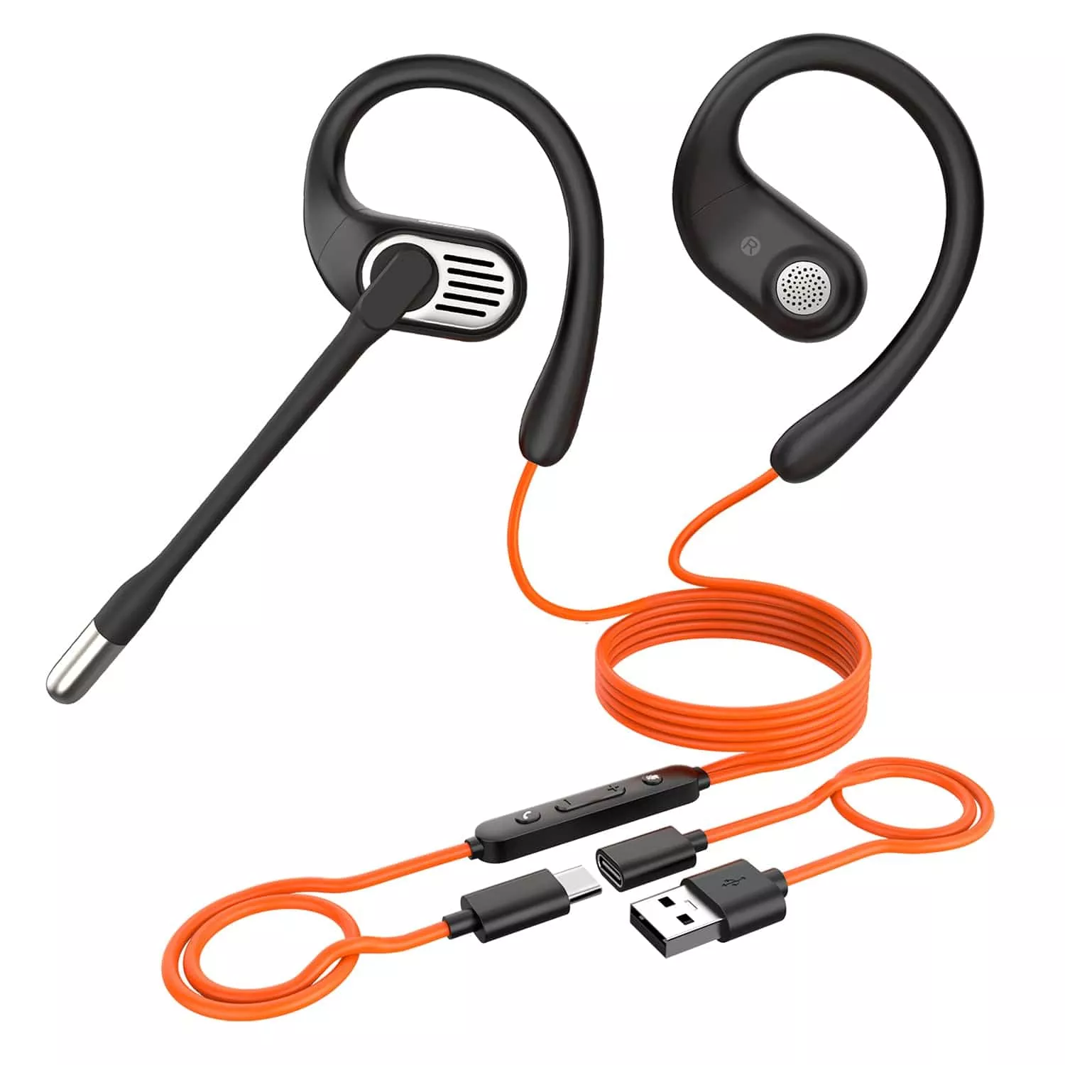OpenRock Link 10 Wired Open-Ear Headset with Rotating Boom Mic, In-Line Remote, Earhooks, USB-C Connector with USB-A Adapter, Noise Cancellation
